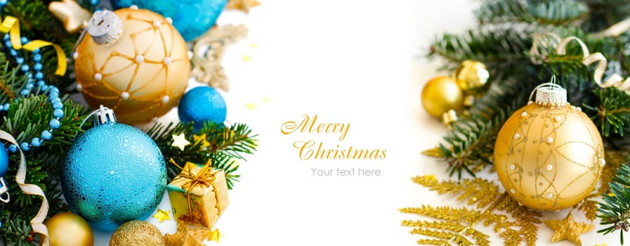 Turquoise and golden Christmas ornaments border on white background