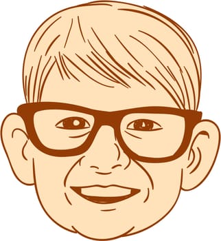 Drawing sketch style illustration of a head of a caucasian boy wearing big glasses smiling viewed from front set on isolated white background done.
