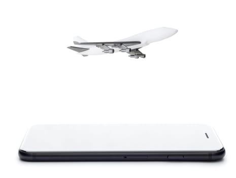 phone and airplane model on white background