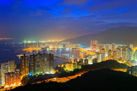 Hong Kong Tuen Mun skyline and South China sea at night