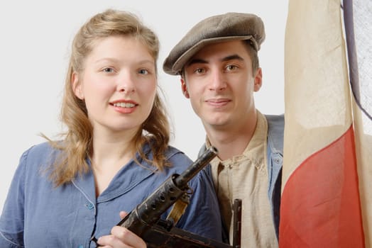 young couple of french resistant to the Paris liberation in 1944