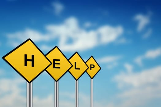 help on yellow road sign with blurred sky background