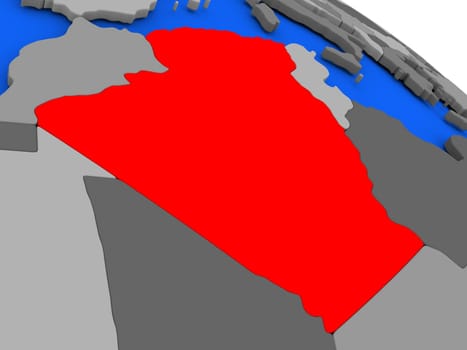 Map of Algeria highlighted in red on a globe. 3D illustration