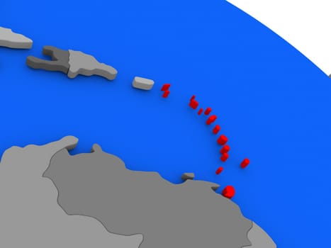 Map of Caribbean highlighted in red on a globe. 3D illustration