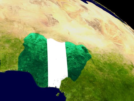 Map of Nigeria with embedded flag on planet surface. 3D illustration. Elements of this image furnished by NASA.