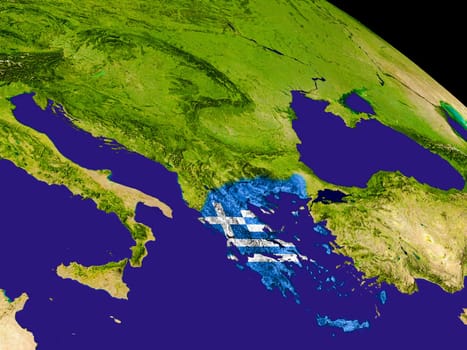 Map of Greece with embedded flag on planet surface. 3D illustration. Elements of this image furnished by NASA.