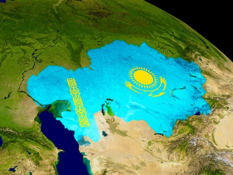 Map of Kazakhstan with embedded flag on planet surface. 3D illustration. Elements of this image furnished by NASA.