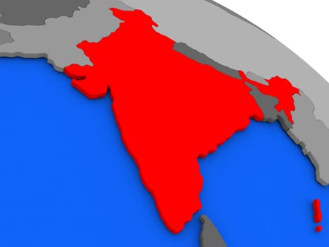 Map of India highlighted in red on a globe. 3D illustration