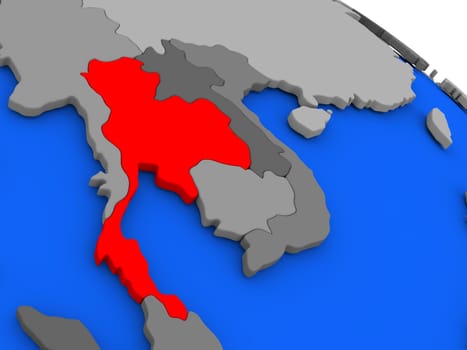 Map of Thailand highlighted in red on a globe. 3D illustration