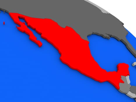 Map of Mexico highlighted in red on a globe. 3D illustration