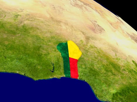 Map of Benin with embedded flag on planet surface. 3D illustration. Elements of this image furnished by NASA.