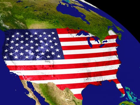 Map of USA with embedded flag on planet surface. 3D illustration. Elements of this image furnished by NASA.