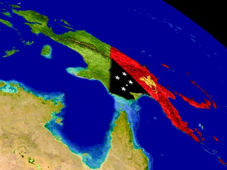 Map of Papua New Guinea with embedded flag on planet surface. 3D illustration. Elements of this image furnished by NASA.