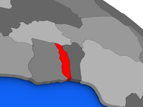 Map of Togo highlighted in red on a globe. 3D illustration