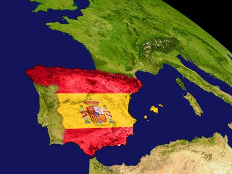 Map of Spain with embedded flag on planet surface. 3D illustration. Elements of this image furnished by NASA.