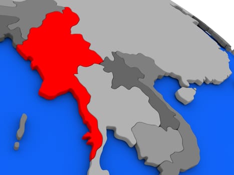 Map of Myanmar highlighted in red on a globe. 3D illustration