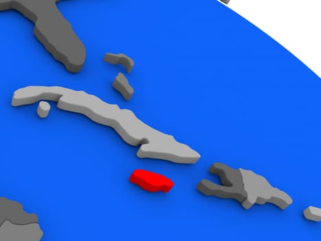 Map of Jamaica highlighted in red on a globe. 3D illustration