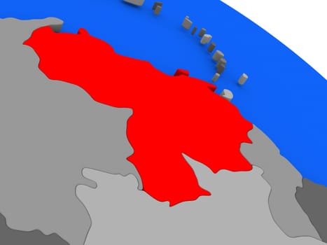 Map of Venezuela highlighted in red on a globe. 3D illustration
