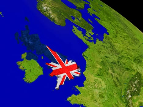 Map of United Kingdom with embedded flag on planet surface. 3D illustration. Elements of this image furnished by NASA.