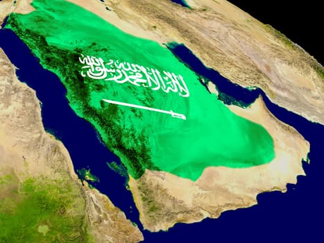 Map of Saudi Arabia with embedded flag on planet surface. 3D illustration. Elements of this image furnished by NASA.