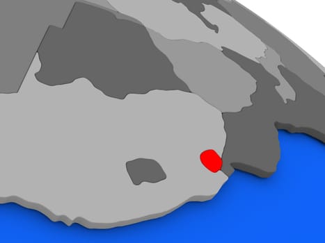 Map of Swaziland highlighted in red on a globe. 3D illustration