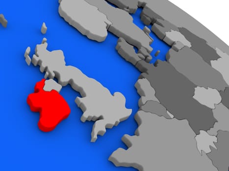 Map of Ireland highlighted in red on a globe. 3D illustration
