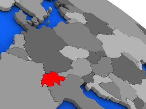 Map of Switzerland highlighted in red on a globe. 3D illustration