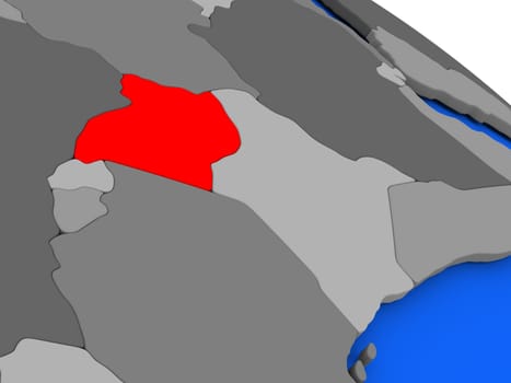Map of Uganda highlighted in red on a globe. 3D illustration
