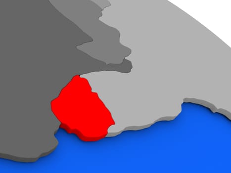Map of Uruguay highlighted in red on a globe. 3D illustration