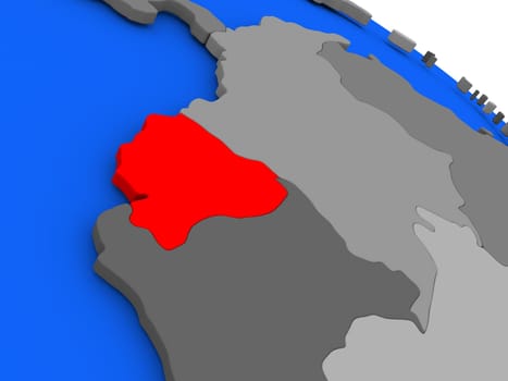 Map of Ecuador highlighted in red on a globe. 3D illustration