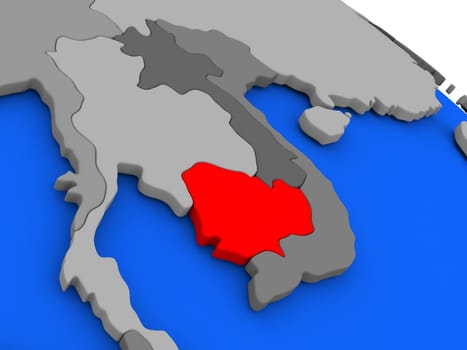 Map of Cambodia highlighted in red on a globe. 3D illustration