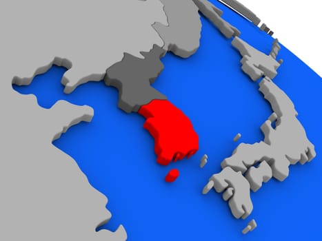 Map of South Korea highlighted in red on a globe. 3D illustration