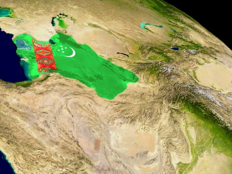 Map of Turkmenistan with embedded flag on planet surface. 3D illustration. Elements of this image furnished by NASA.