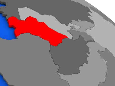 Map of Turkmenistan highlighted in red on a globe. 3D illustration