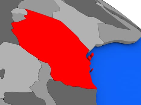 Map of Tanzania highlighted in red on a globe. 3D illustration