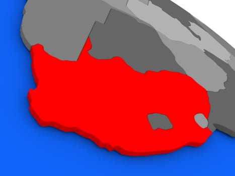 Map of South Africa highlighted in red on a globe. 3D illustration