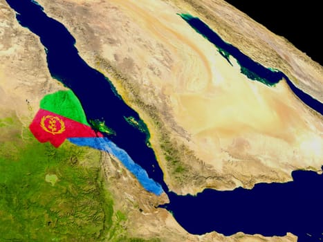 Map of Eritrea with embedded flag on planet surface. 3D illustration. Elements of this image furnished by NASA.