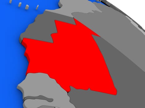 Map of Mauritania highlighted in red on a globe. 3D illustration