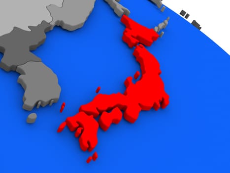 Map of Japan highlighted in red on a globe. 3D illustration