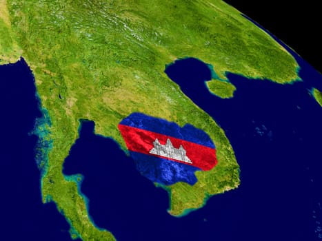 Map of Cambodia with embedded flag on planet surface. 3D illustration. Elements of this image furnished by NASA.