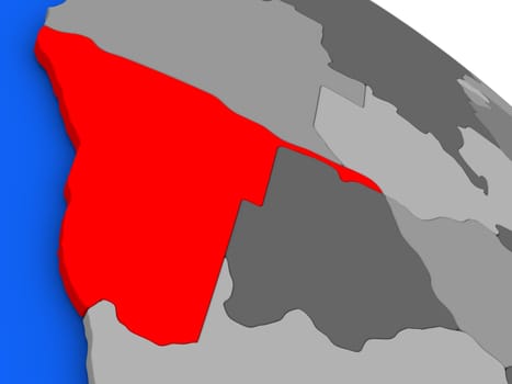 Map of Namibia highlighted in red on a globe. 3D illustration