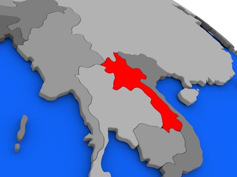 Map of Laos highlighted in red on a globe. 3D illustration