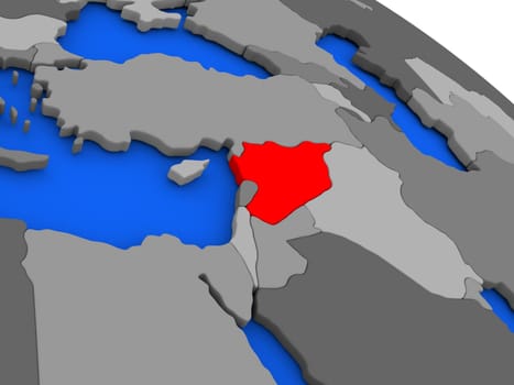 Map of Syria highlighted in red on a globe. 3D illustration