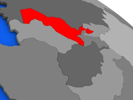 Map of Uzbekistan highlighted in red on a globe. 3D illustration