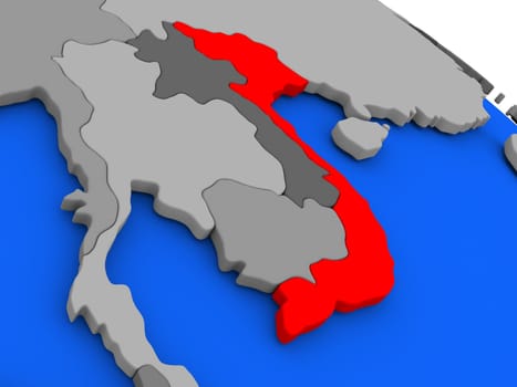 Map of Vietnam highlighted in red on a globe. 3D illustration