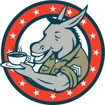 Illustration of a donkey army sergeant smiling holding cup and saucer drinking coffee viewed from the side set inside circle with stars done in cartoon style.