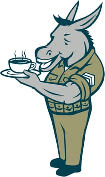Illustration of a donkey army sergeant smiling standing holding cup and saucer drinking coffee viewed from the side set inside circle with stars done in cartoon style.