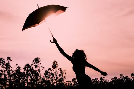 Warm scene with flying girl. Shows the imagination and the departure to new horizons such as climate change or mindfulness.