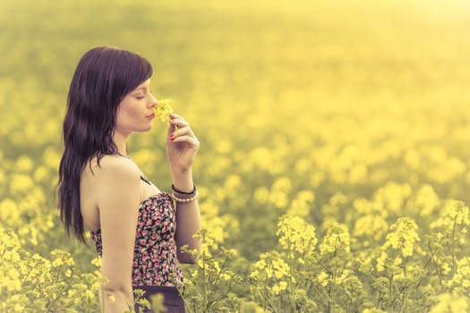 Attractive girl sniffs flowers on a meadow to the horizon in the sunshine in spring or summer. Photo of a series.