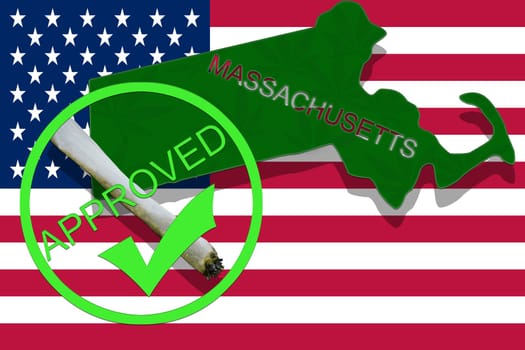 massachusetts on cannabis background. drug policy. legalization of marijuana on usa flag